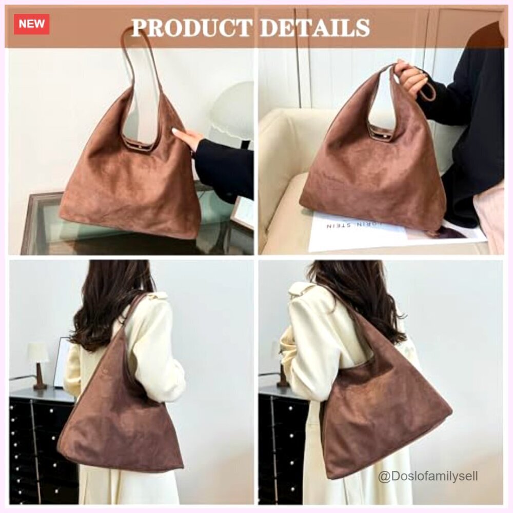 Suede Tote Bag Slouchy Shoulder Hobo Purse Minimal Chic Everyday - Picture 2 of 7